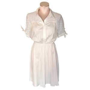 Monteau Los Angeles White Eyelet Lace Button Front Dress Short Sleeve Tie Cuff L